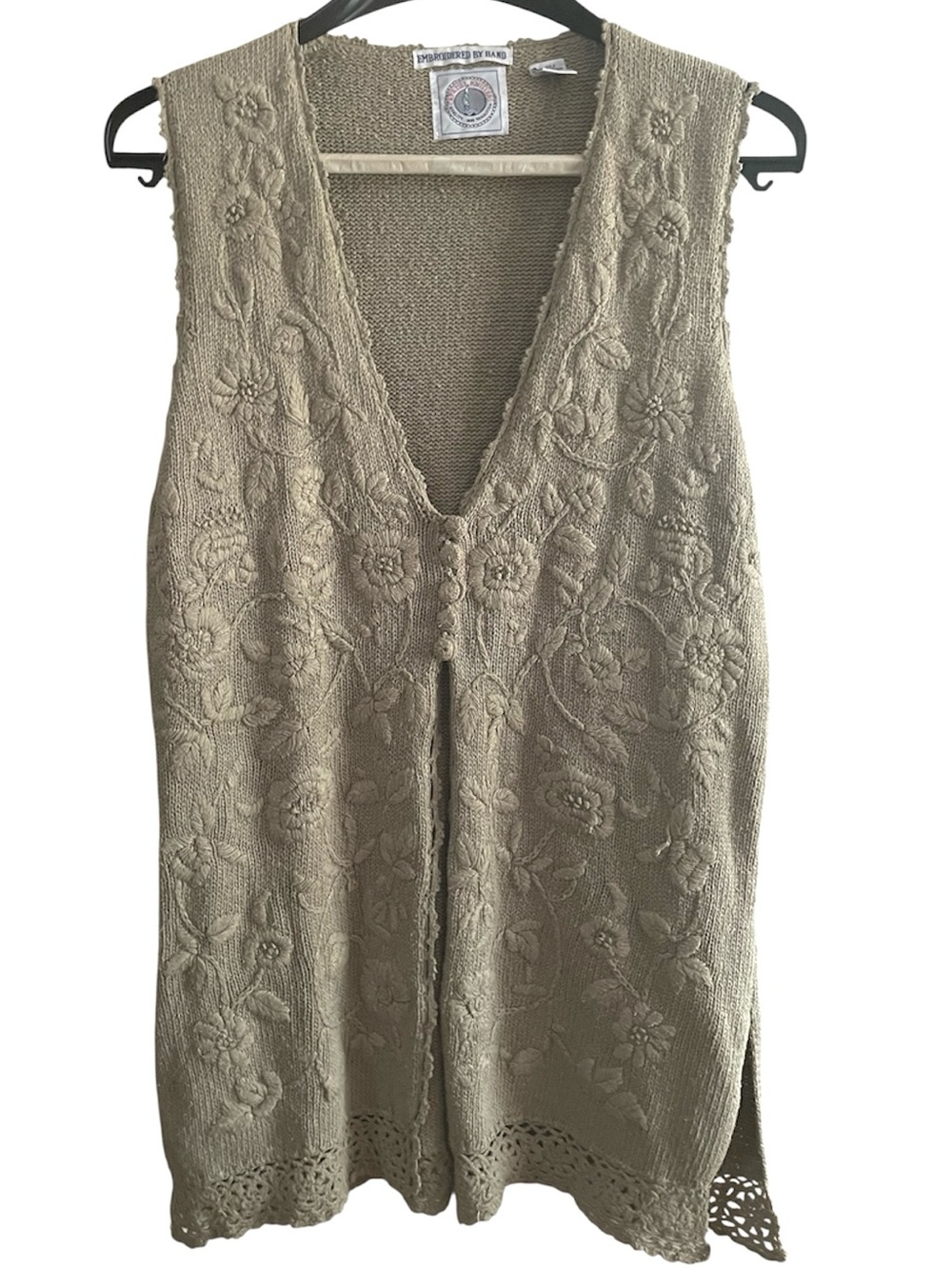 Cape Isle Knitters Embroidered Silk Cotton Longline Boho Cottagecore Y2K Vest M